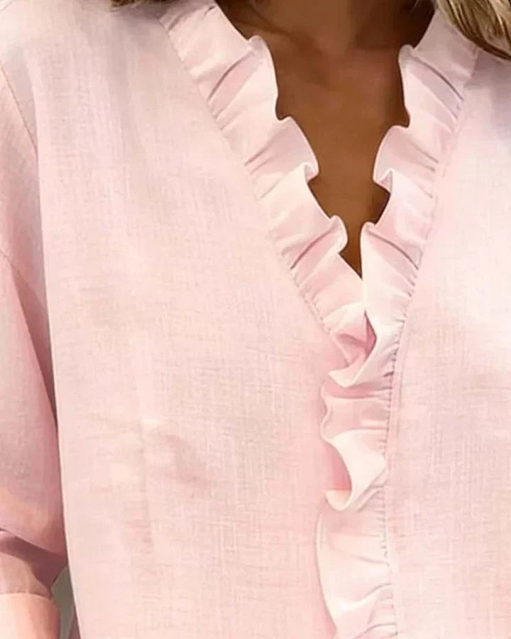 Women's Ruffle V-Neck Long Sleeve Blouse