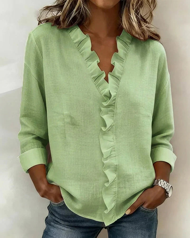 Women's Ruffle V-Neck Long Sleeve Blouse