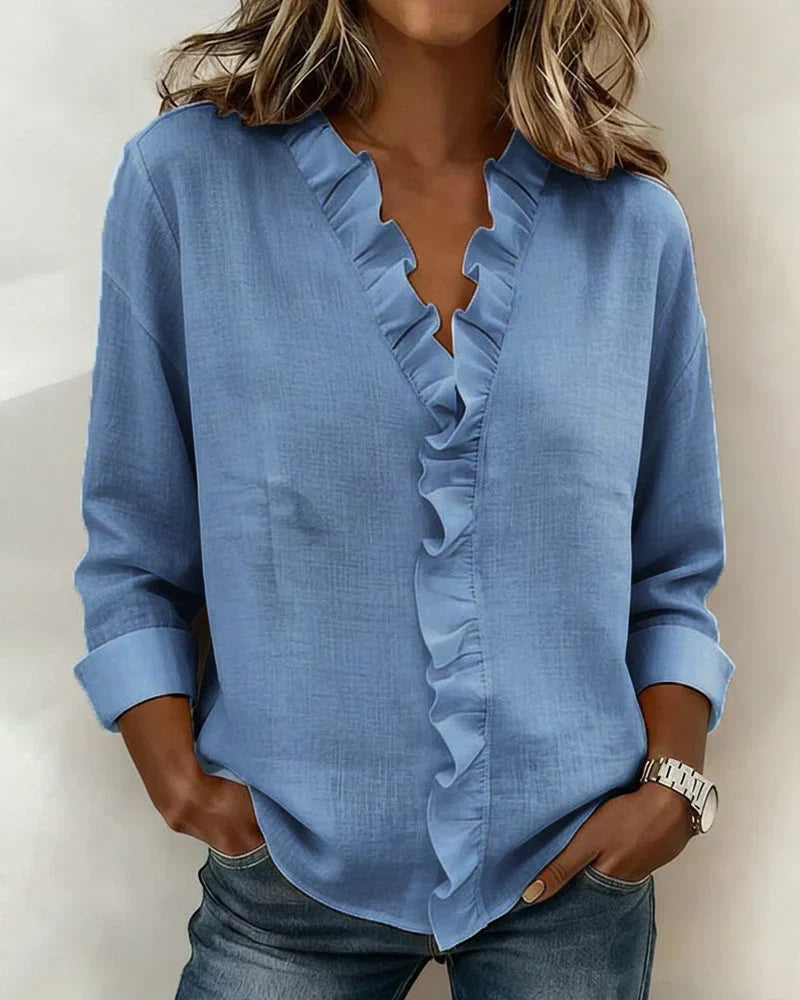 Women's Ruffle V-Neck Long Sleeve Blouse