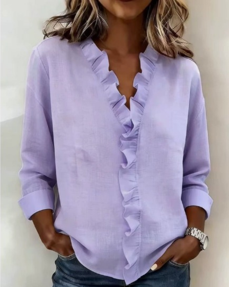 Women's Ruffle V-Neck Long Sleeve Blouse