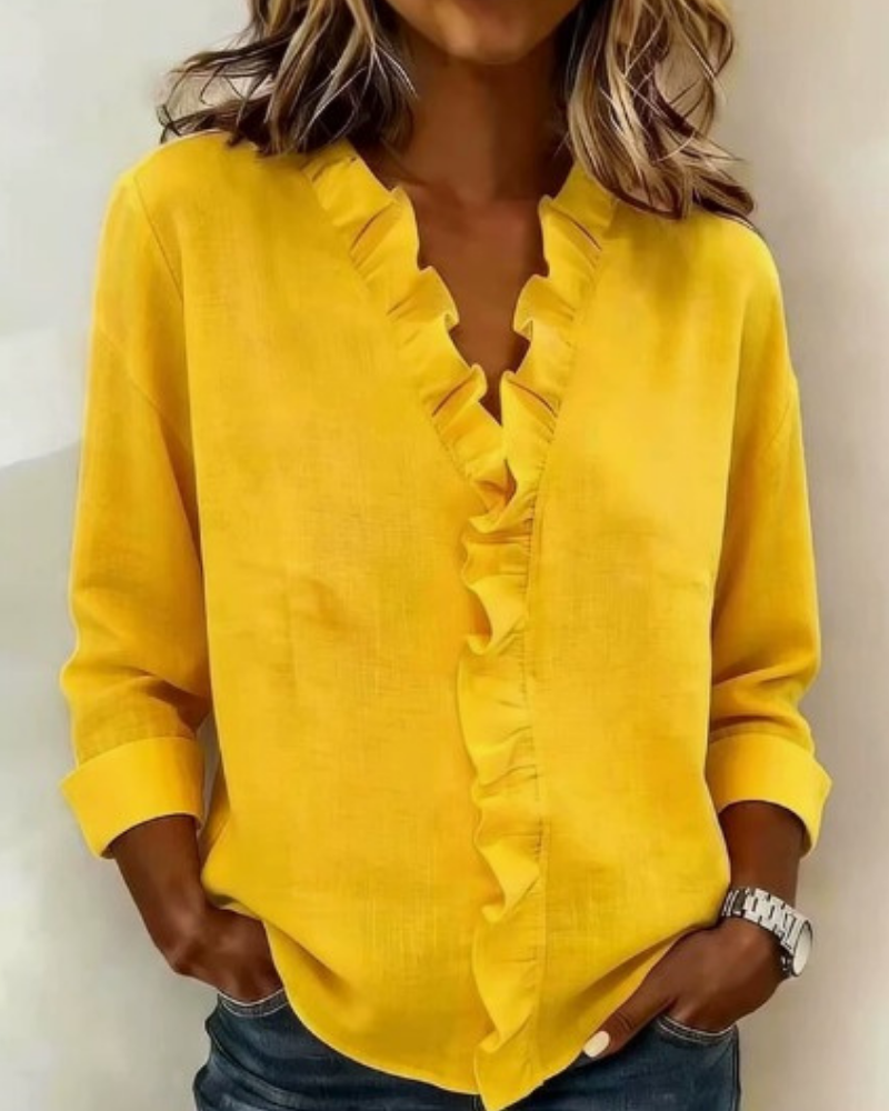 Women's Ruffle V-Neck Long Sleeve Blouse