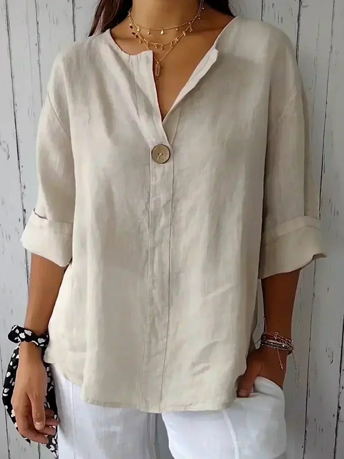 Women's V-Neck 3/4 Sleeve Button Blouse - Beige
