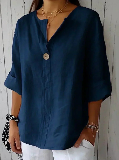 Women's V-Neck 3/4 Sleeve Button Blouse