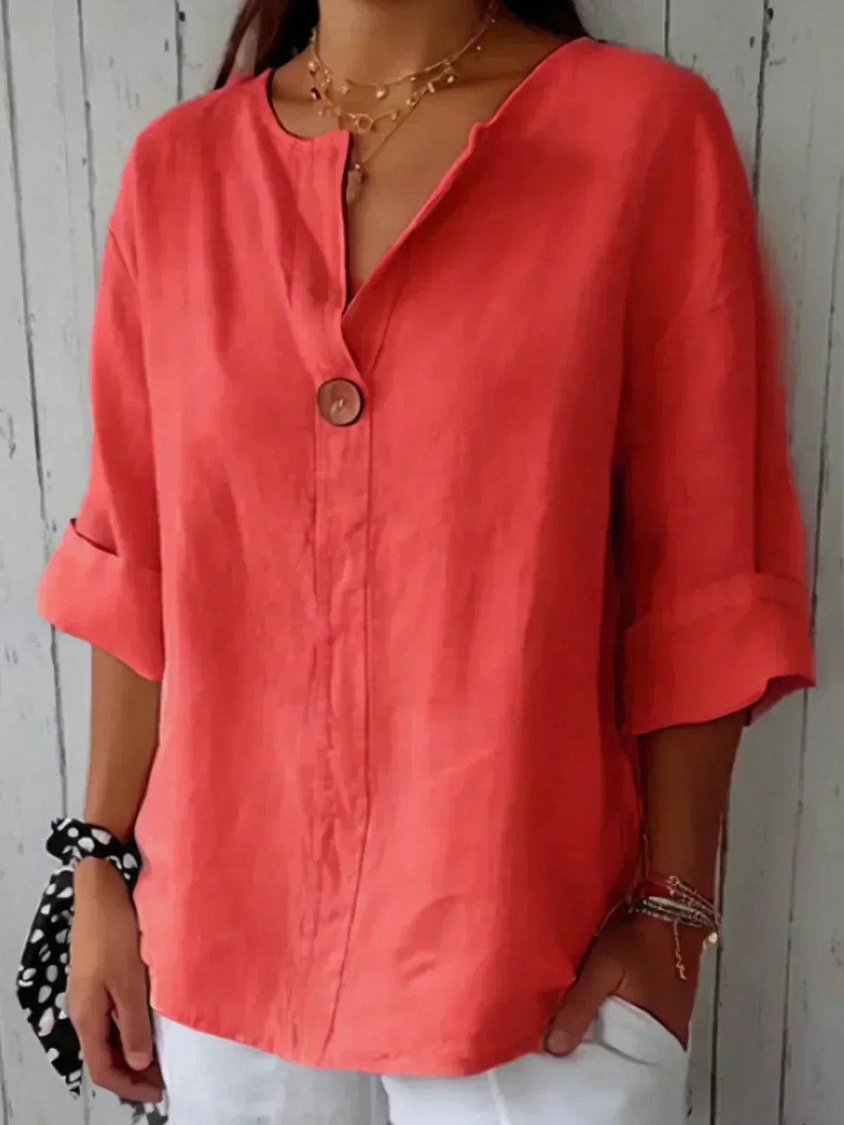 Women's V-Neck 3/4 Sleeve Button Blouse