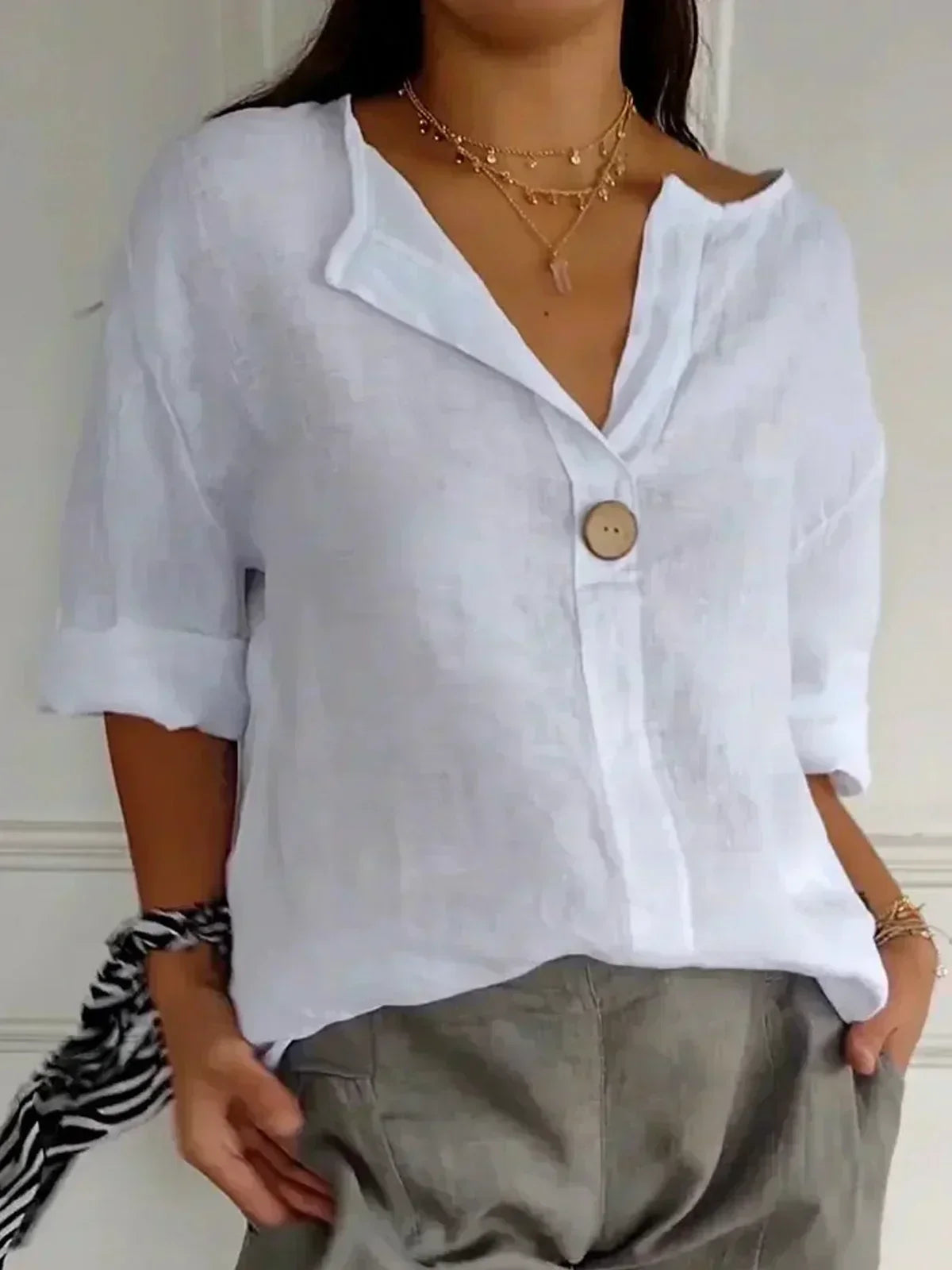 Women's V-Neck 3/4 Sleeve Button Blouse