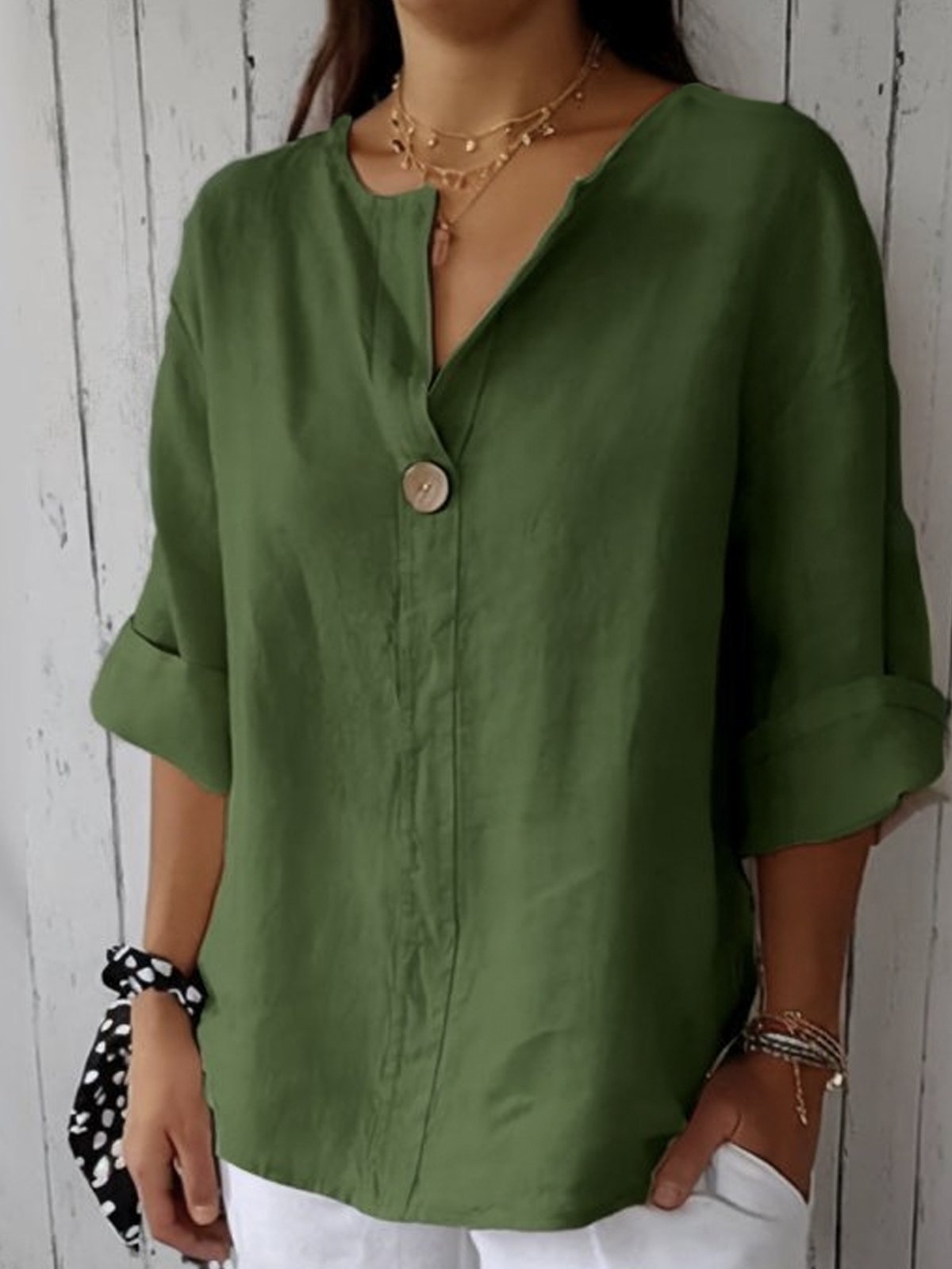Women's V-Neck 3/4 Sleeve Button Blouse