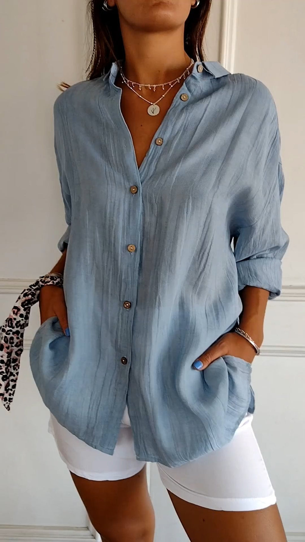 Women's Relaxed Button-Down Shirt Blouse - Blue