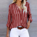 Women's Striped Long Sleeve Button-Up Blouse - Red