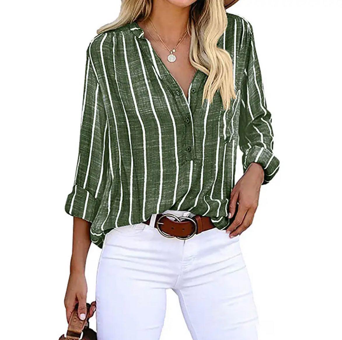 Women's Striped Long Sleeve Button-Up Blouse