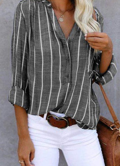 Women's Striped Long Sleeve Button-Up Blouse