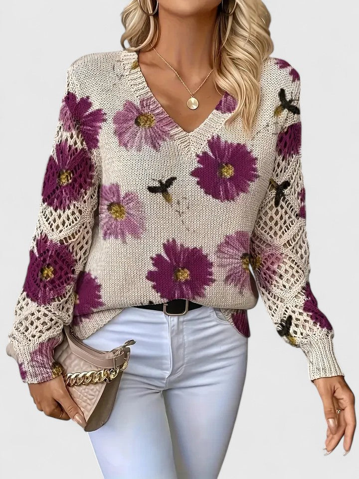 Women's Floral V-Neck Long Sleeve Sweater - Blue