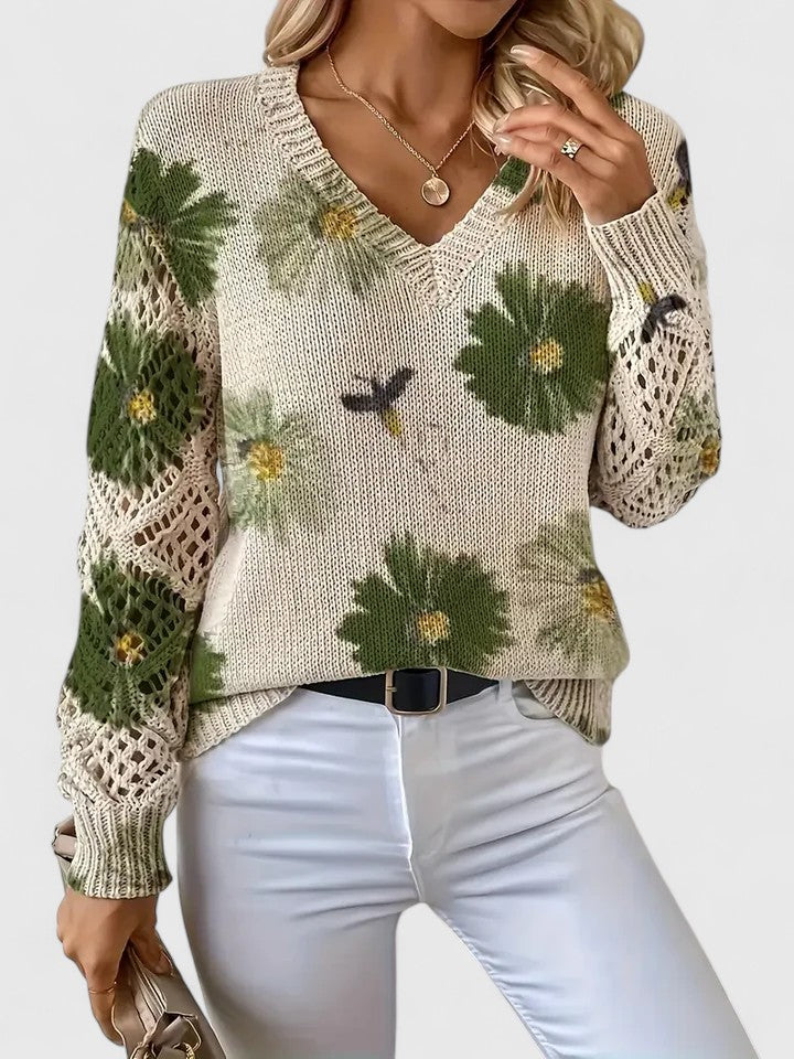 Women's Floral V-Neck Long Sleeve Sweater