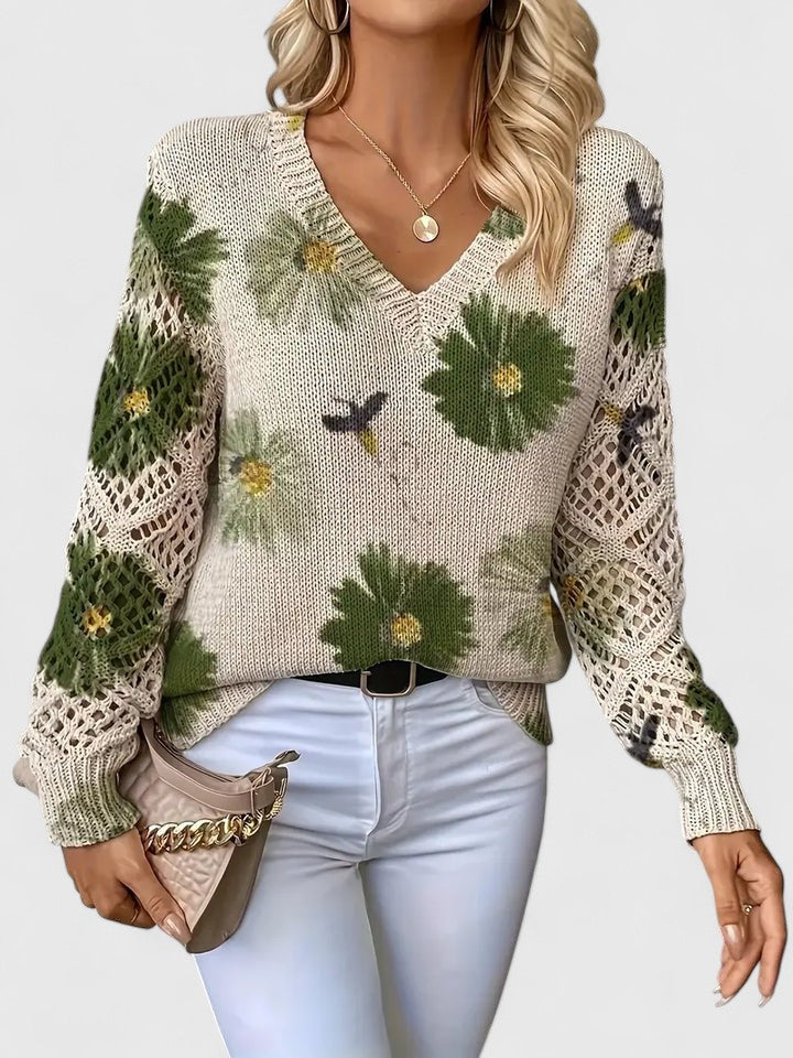 Women's Floral V-Neck Long Sleeve Sweater