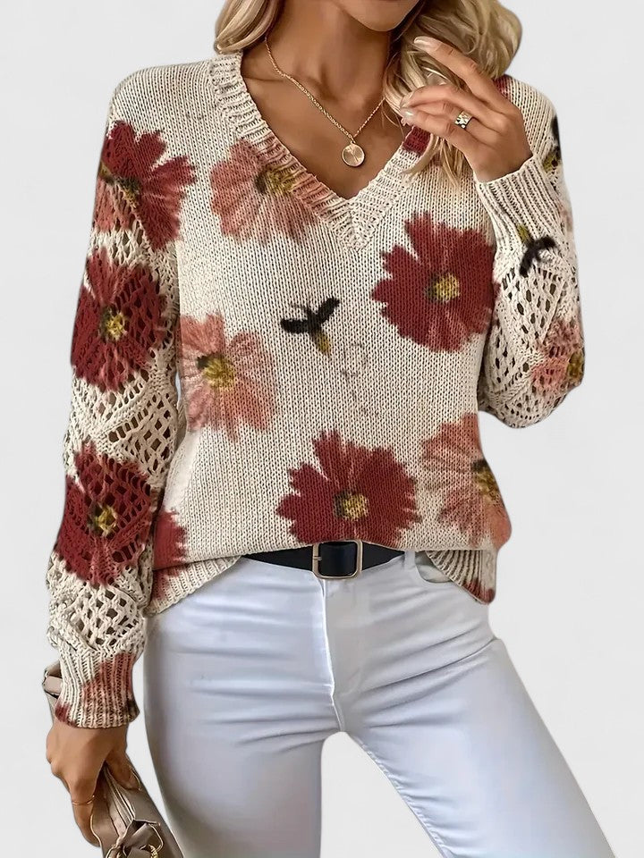 Women's Floral V-Neck Long Sleeve Sweater