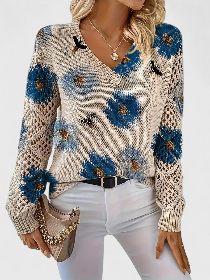Women's Floral V-Neck Long Sleeve Sweater