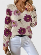 Women's Floral V-Neck Long Sleeve Sweater