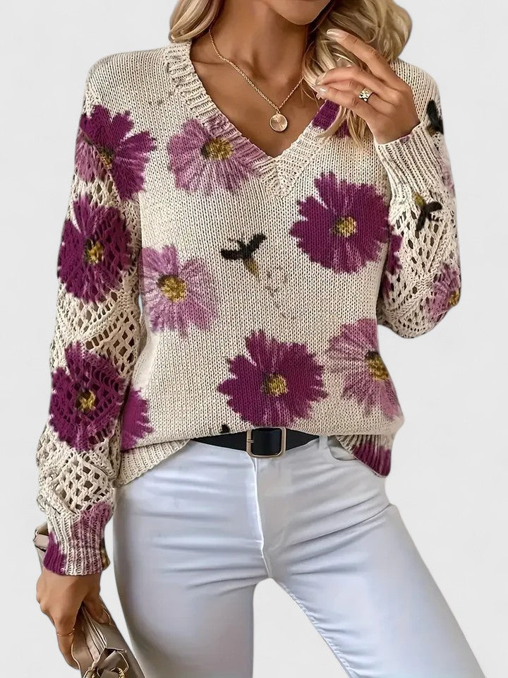 Women's Floral V-Neck Long Sleeve Sweater