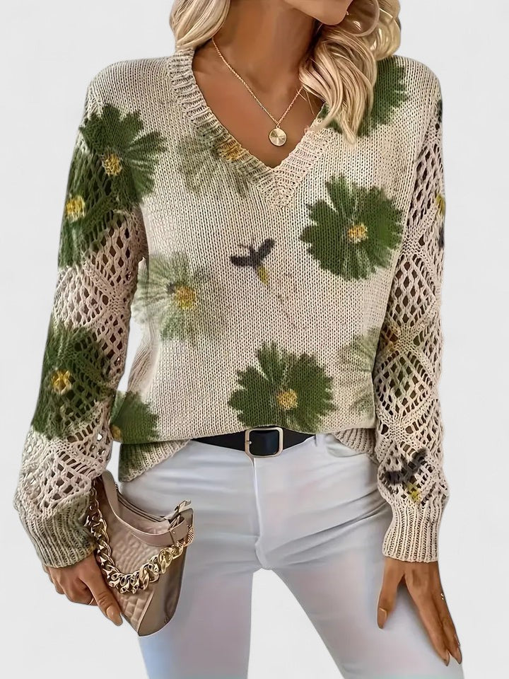Women's Floral V-Neck Long Sleeve Sweater
