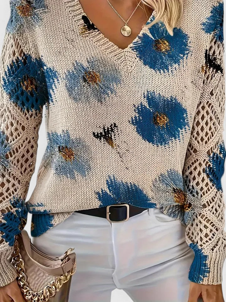 Women's Floral V-Neck Long Sleeve Sweater