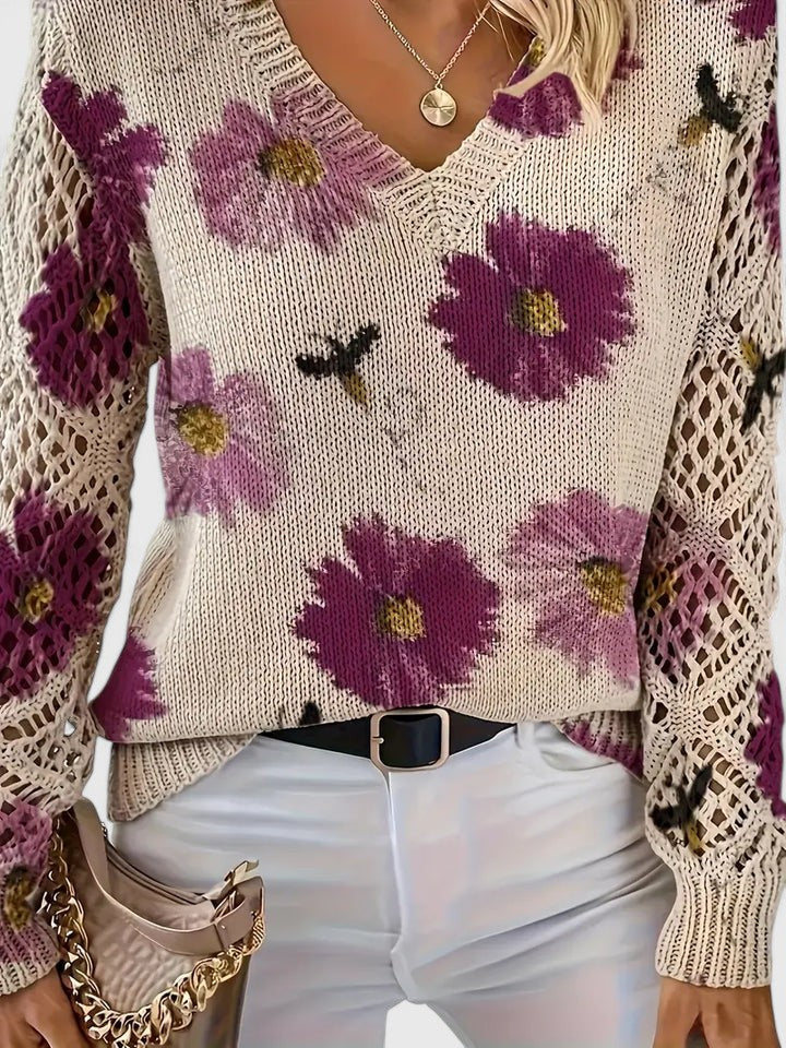 Women's Floral V-Neck Long Sleeve Sweater