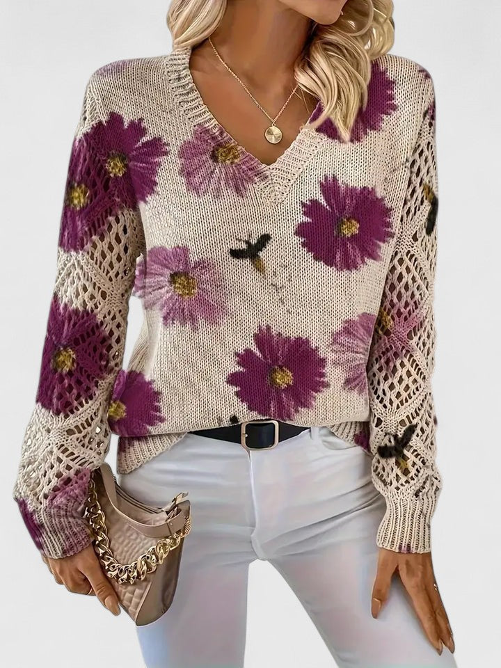 Women's Floral V-Neck Long Sleeve Sweater