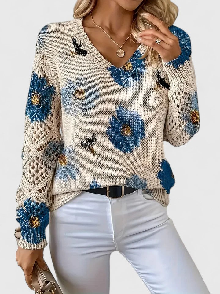 Women's Floral V-Neck Long Sleeve Sweater