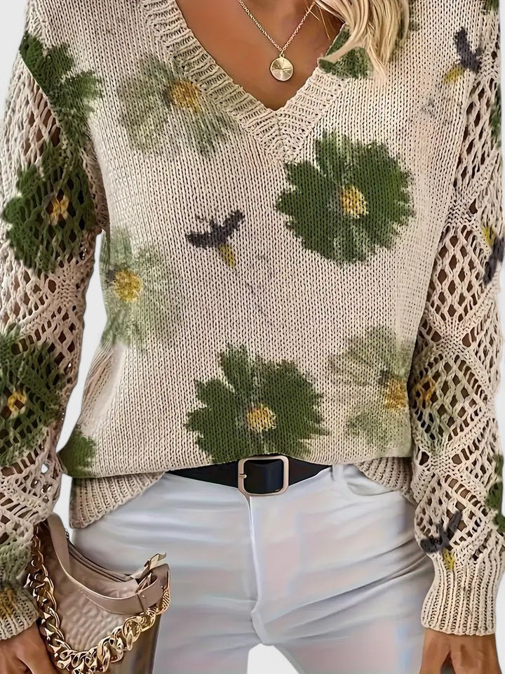 Women's Floral V-Neck Long Sleeve Sweater