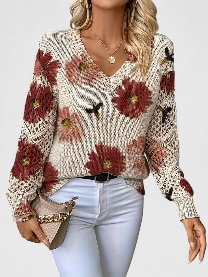 Women's Floral V-Neck Long Sleeve Sweater