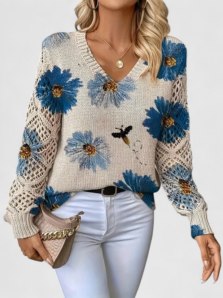Women's Floral V-Neck Long Sleeve Sweater