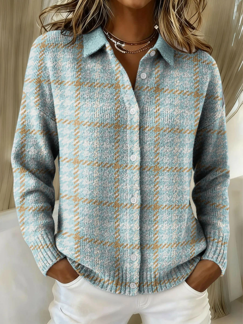 Women's Plaid Collared Long Sleeve Cardigan - Blue