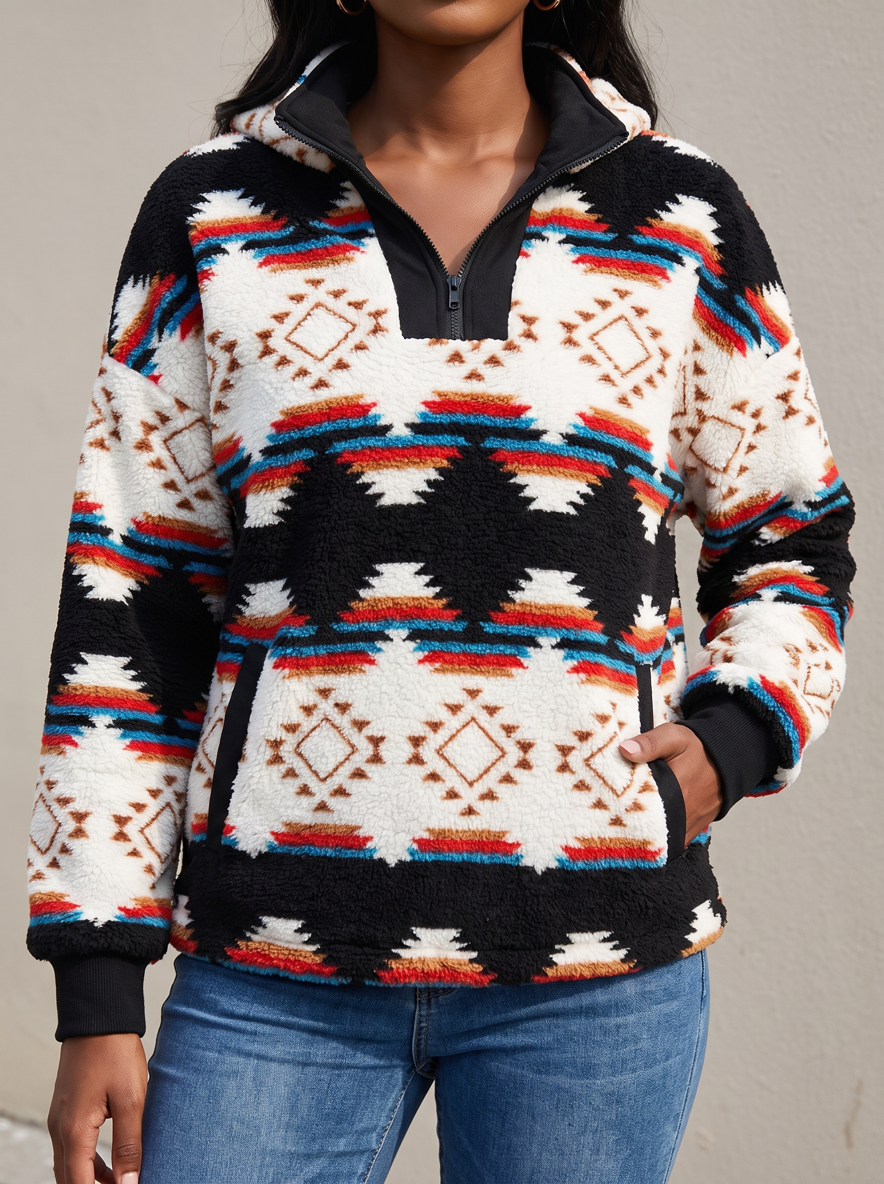 Shawl-Neck Aztec Sherpa Pullover - Ivory Aztec