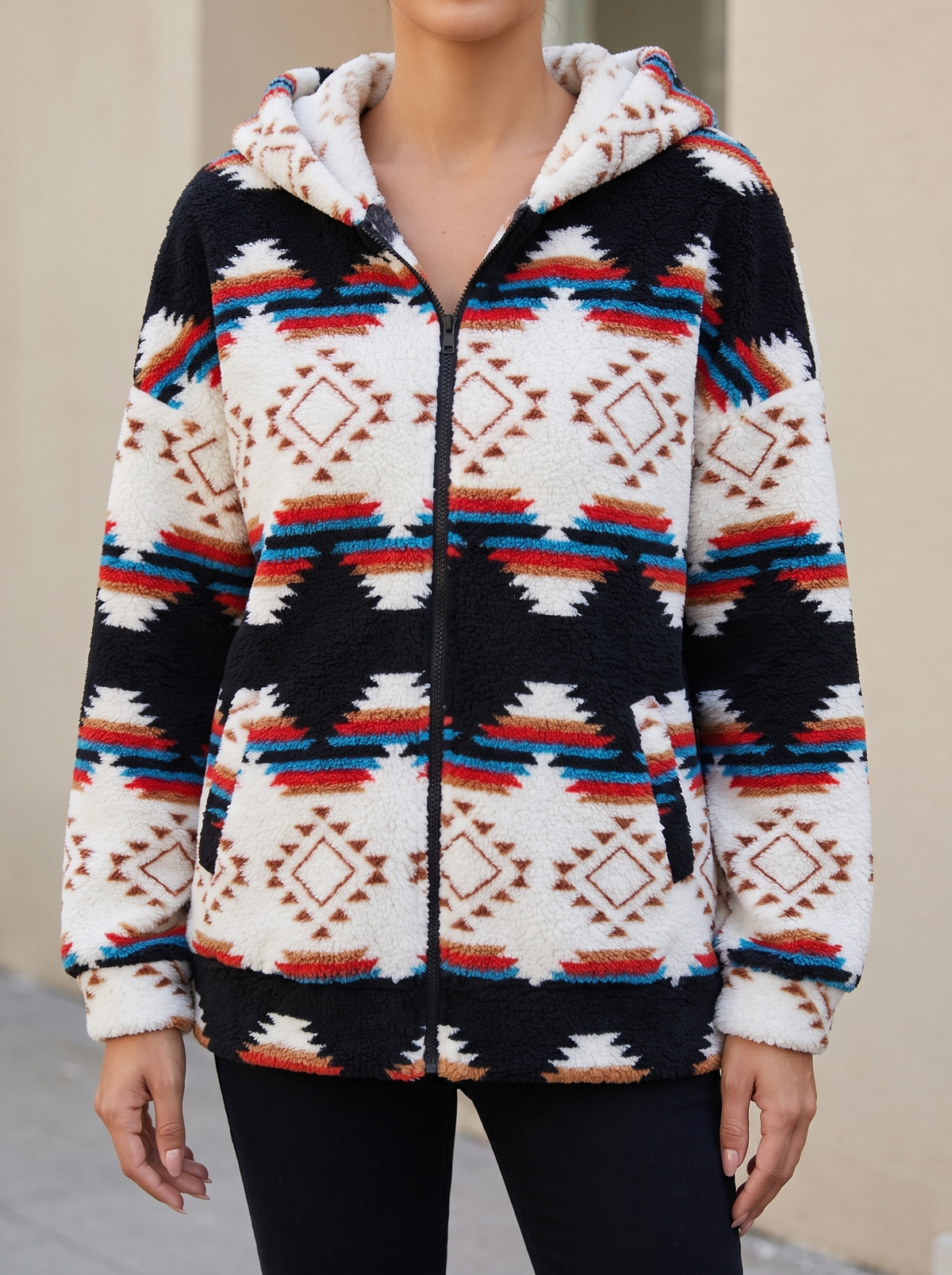 Shawl-Neck Aztec Sherpa Pullover