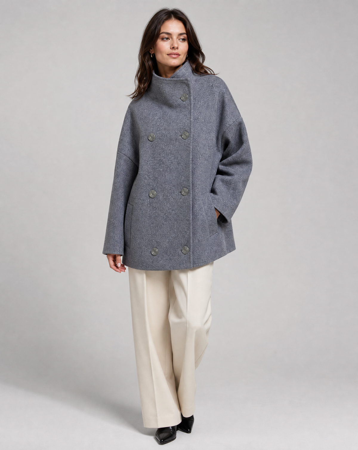 Women's Double Breasted Stand Collar Coat - Dark Blue
