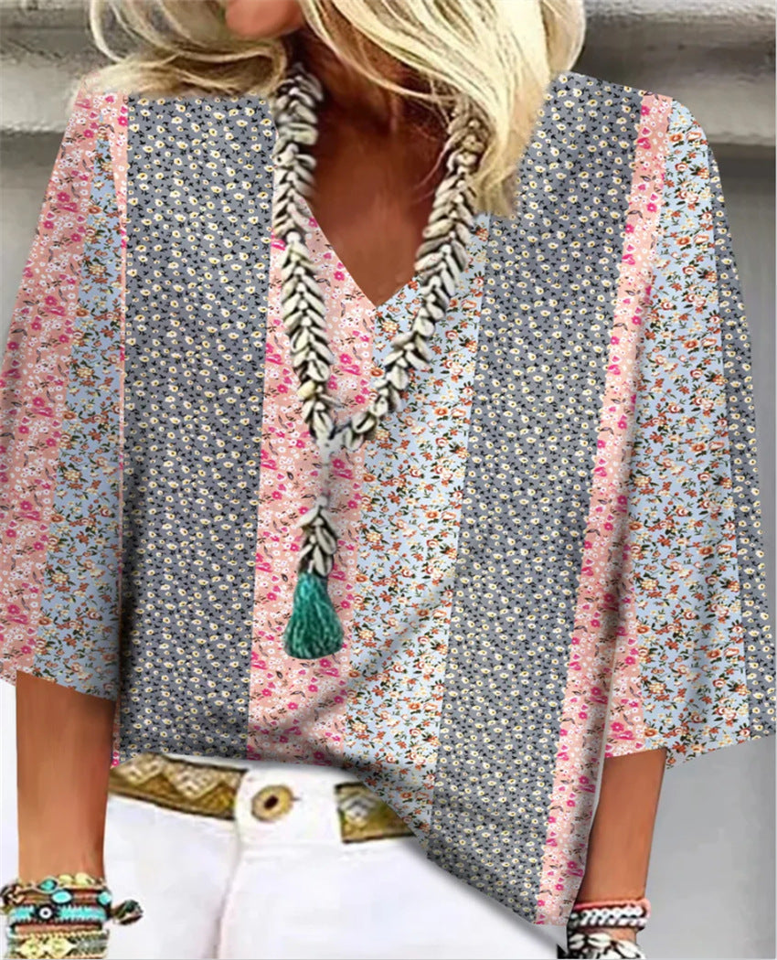 Women's Printed V-Neck 3/4 Sleeve Blouse Relaxed Fit - Pink