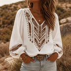 Women's Boho Embroidered V-Neck Blouse - White