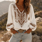 Women's Boho Embroidered V-Neck Blouse