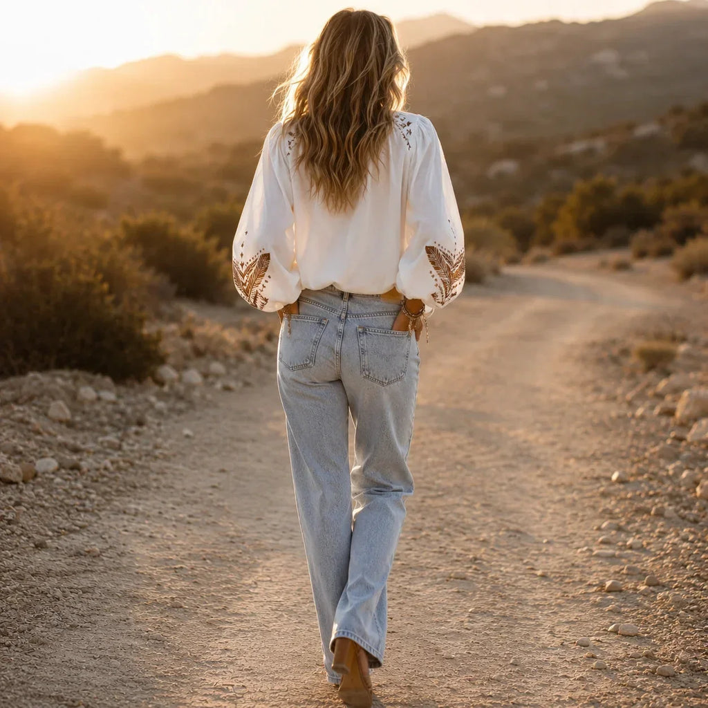 Women's Boho Embroidered V-Neck Blouse