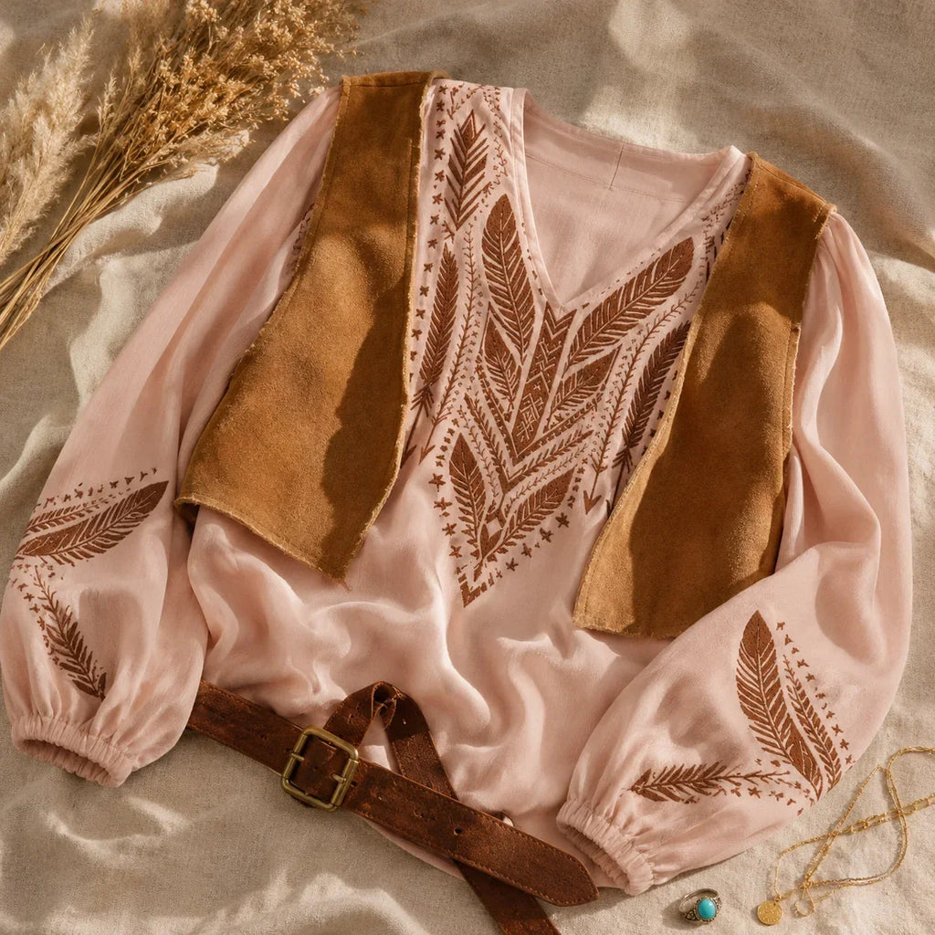 Women's Boho Embroidered V-Neck Blouse