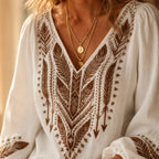Women's Boho Embroidered V-Neck Blouse