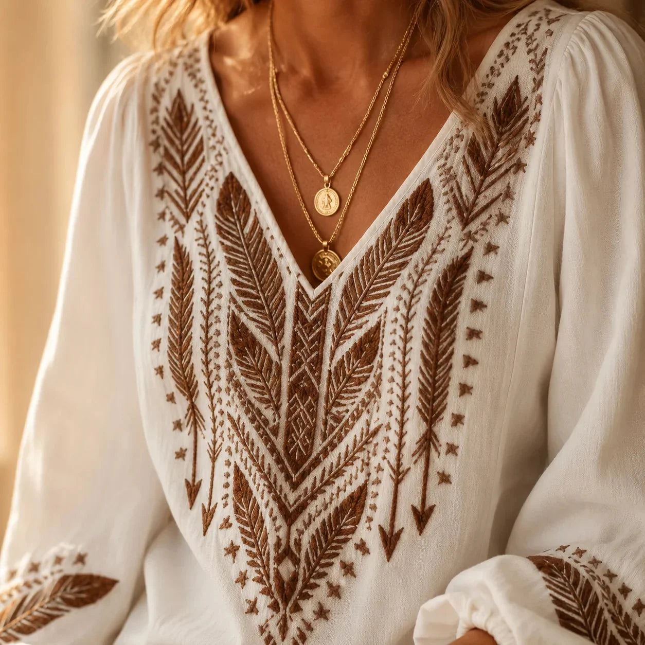 Women's Boho Embroidered V-Neck Blouse