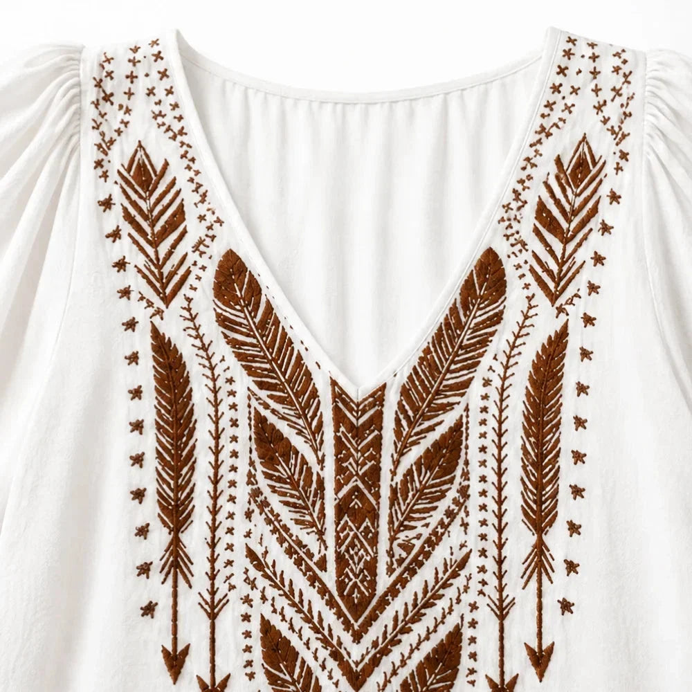 Women's Boho Embroidered V-Neck Blouse