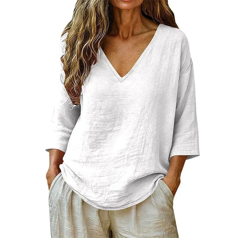 Women's Relaxed V-Neck Blouse 3/4 Sleeve