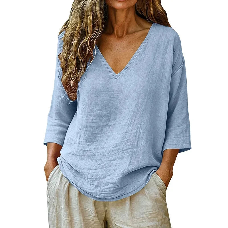 Women's Relaxed V-Neck Blouse 3/4 Sleeve