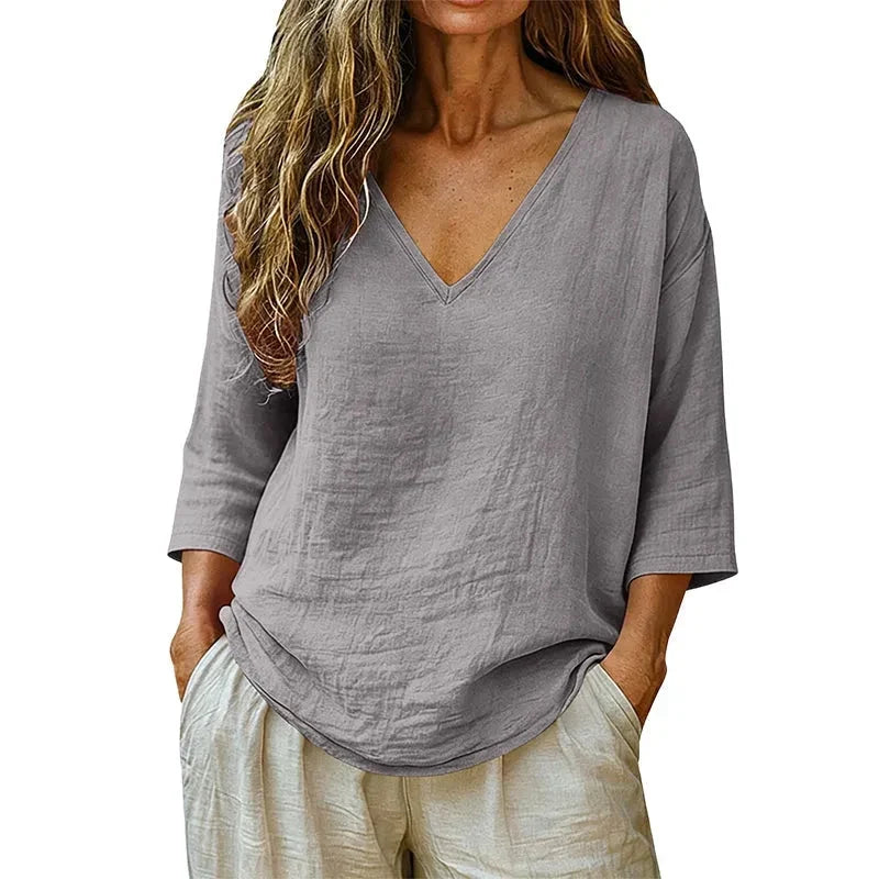 Women's Relaxed V-Neck Blouse 3/4 Sleeve