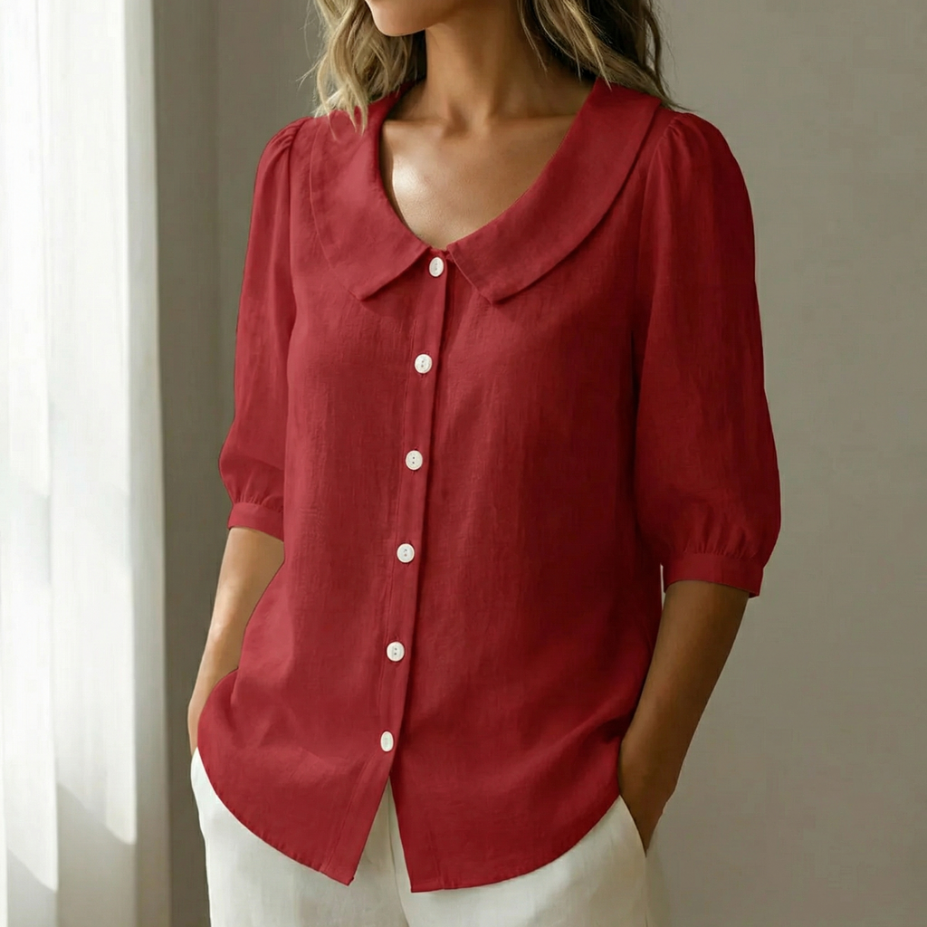 Women's Peter Pan Collar Button-Up Blouse - Red