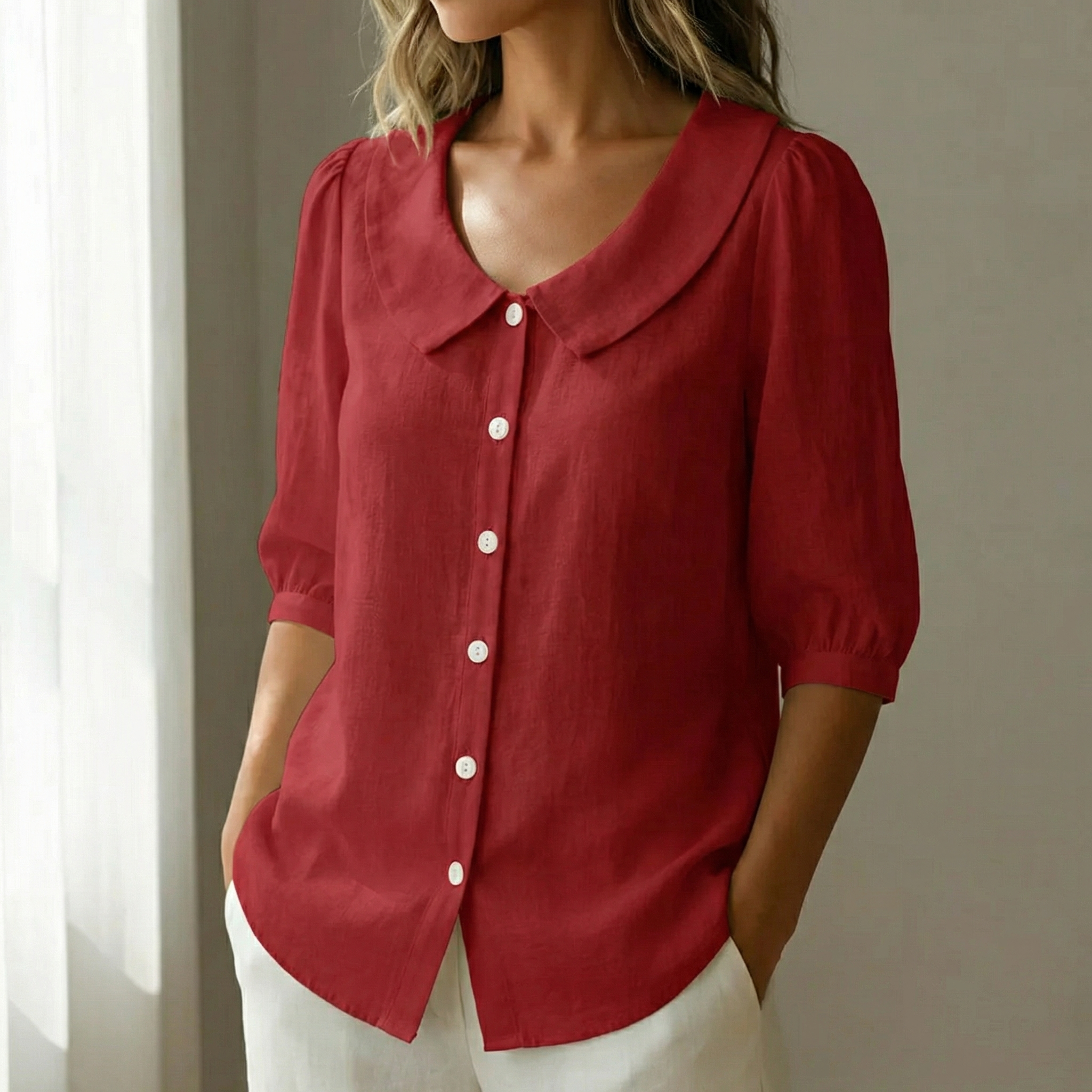 Women's Peter Pan Collar Button-Up Blouse - Red
