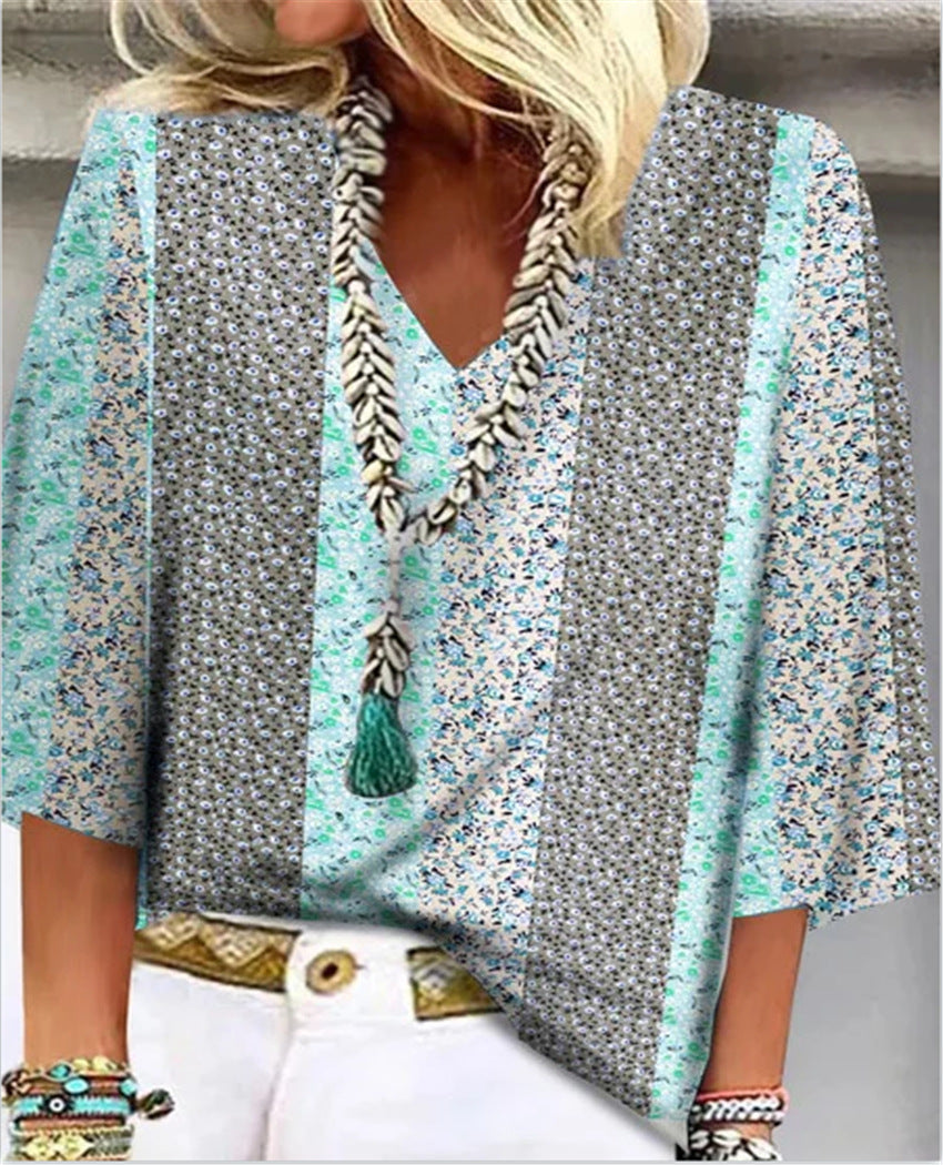 Women's Printed V-Neck 3/4 Sleeve Blouse Relaxed Fit