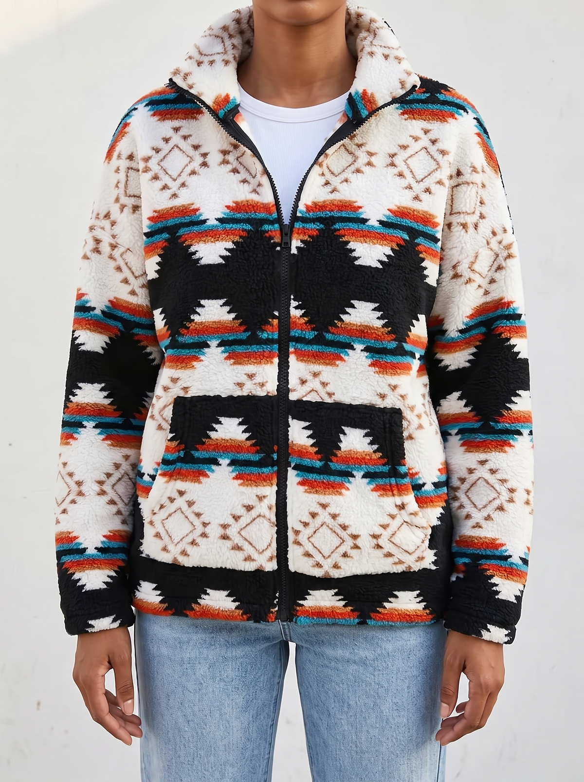 Bold Aztec Sherpa Jacket - Ivory Onyx