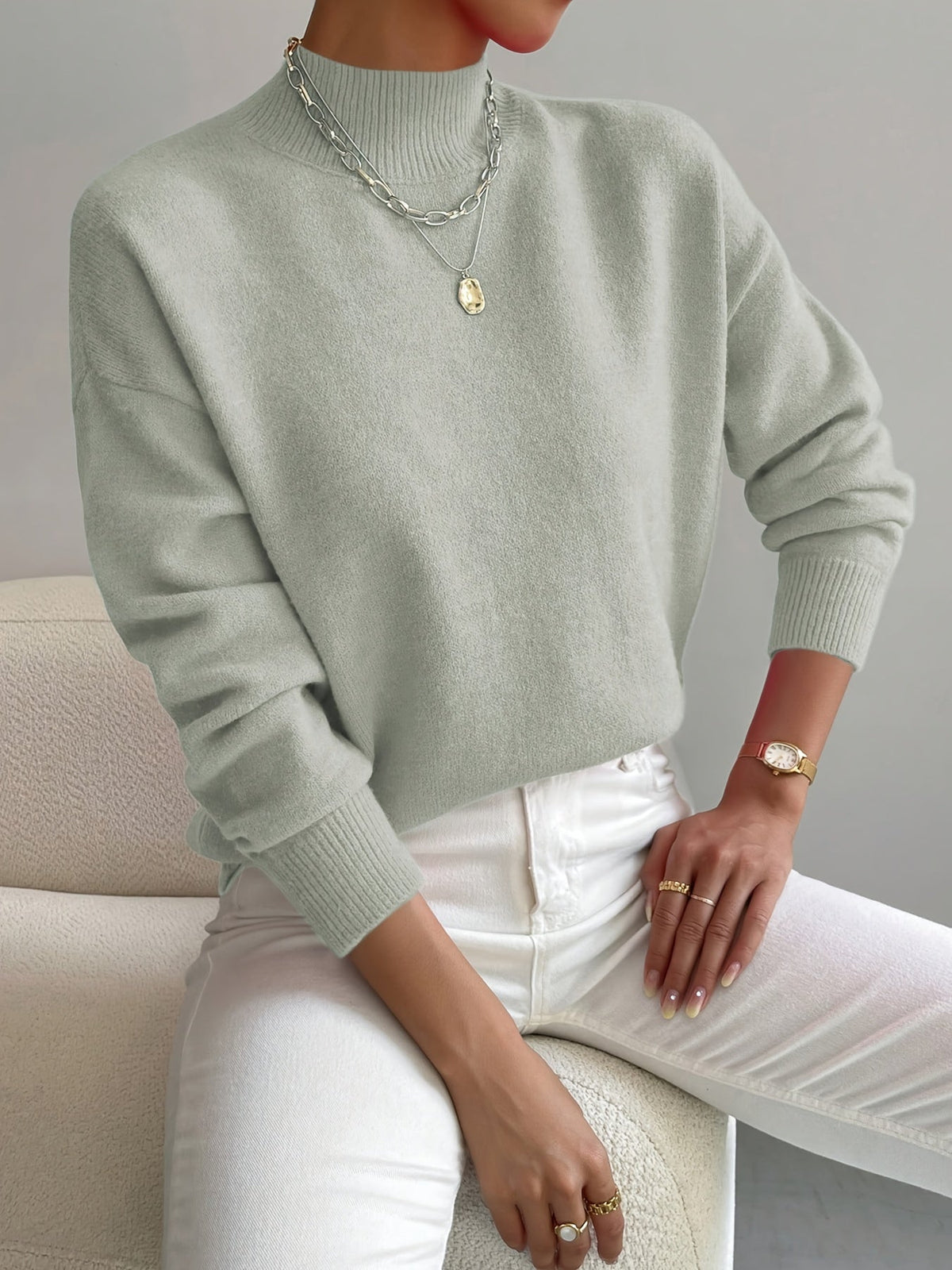 Women's Mock Turtleneck Long Sleeve Sweater - Light Green