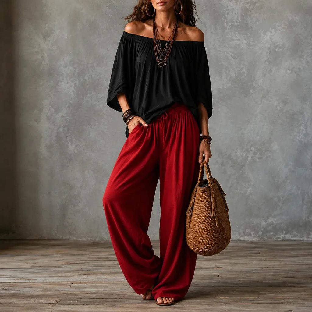 Women's Wide Leg Pants & Off-Shoulder Top Set - Red